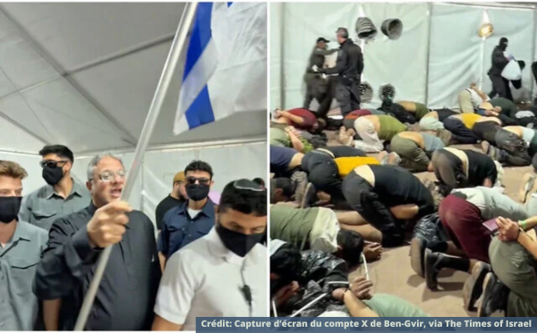 À droite, des militants de la « flottille pour Gaza » arrêtés en mer. À gauche, le ministre de la Sécurité Itamar Ben-Gvir, drapeau israélien en main.